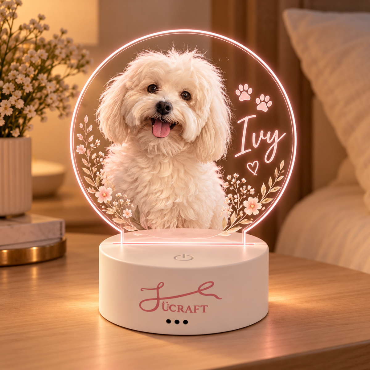 Custom pet photo turned into a personalized night light, example