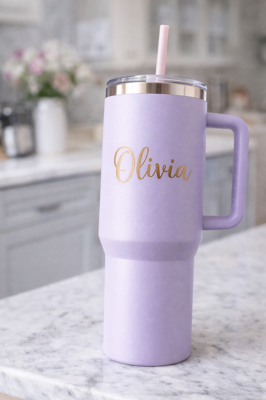 Personalized 40oz stainless steel tumbler with handle in pastel color, custom name design, luxury reusable drinkware by JUCRAFT