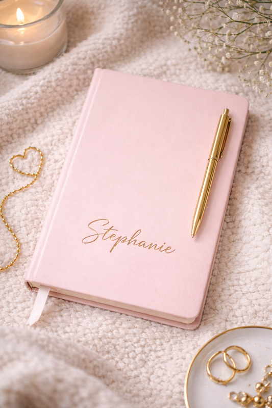 Personalized blush pink journal for her with name customization, styled for gifting – romantic and thoughtful journal by Jucraft.